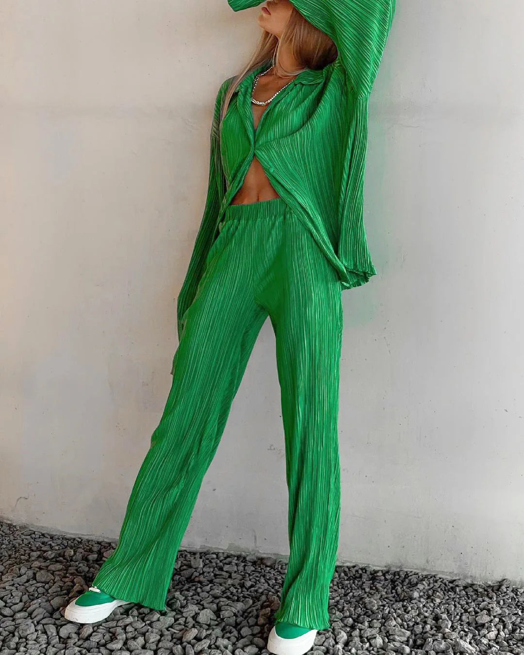 New Two Piece Set Women Outfits Pleated Women's Elegant  Drape Loose Sets Shirt High Waist Trousers Female Suit Fashion Casual