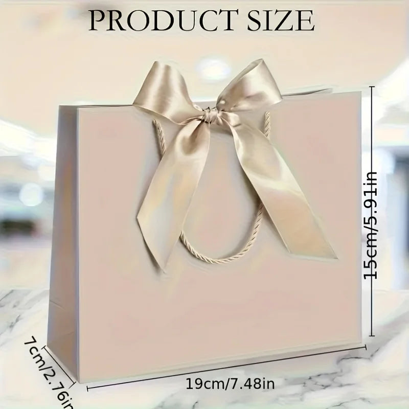 10pcs (5 Bags + 5 Ribbons) Elegant Beige Thank You Gift Bags, Paper Gift Bags, Shopping Bags with Golden Bows - Foldable