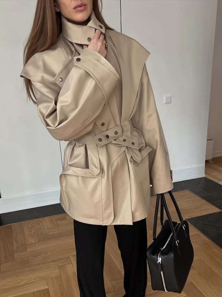 Solid Oversized Tie-waist Cropped Trench Coat Women Drop Shoulder Outerwear 2026 Lady Spring Modern Edgy Fashion Streetwear Coat
