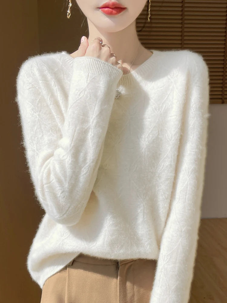 Women 100% Merino Wool Sweater Casual Hollow out Cashmere Blouse O-neck Pullover Tops Autumn Winter Warm Knit Woman Wool Sweater