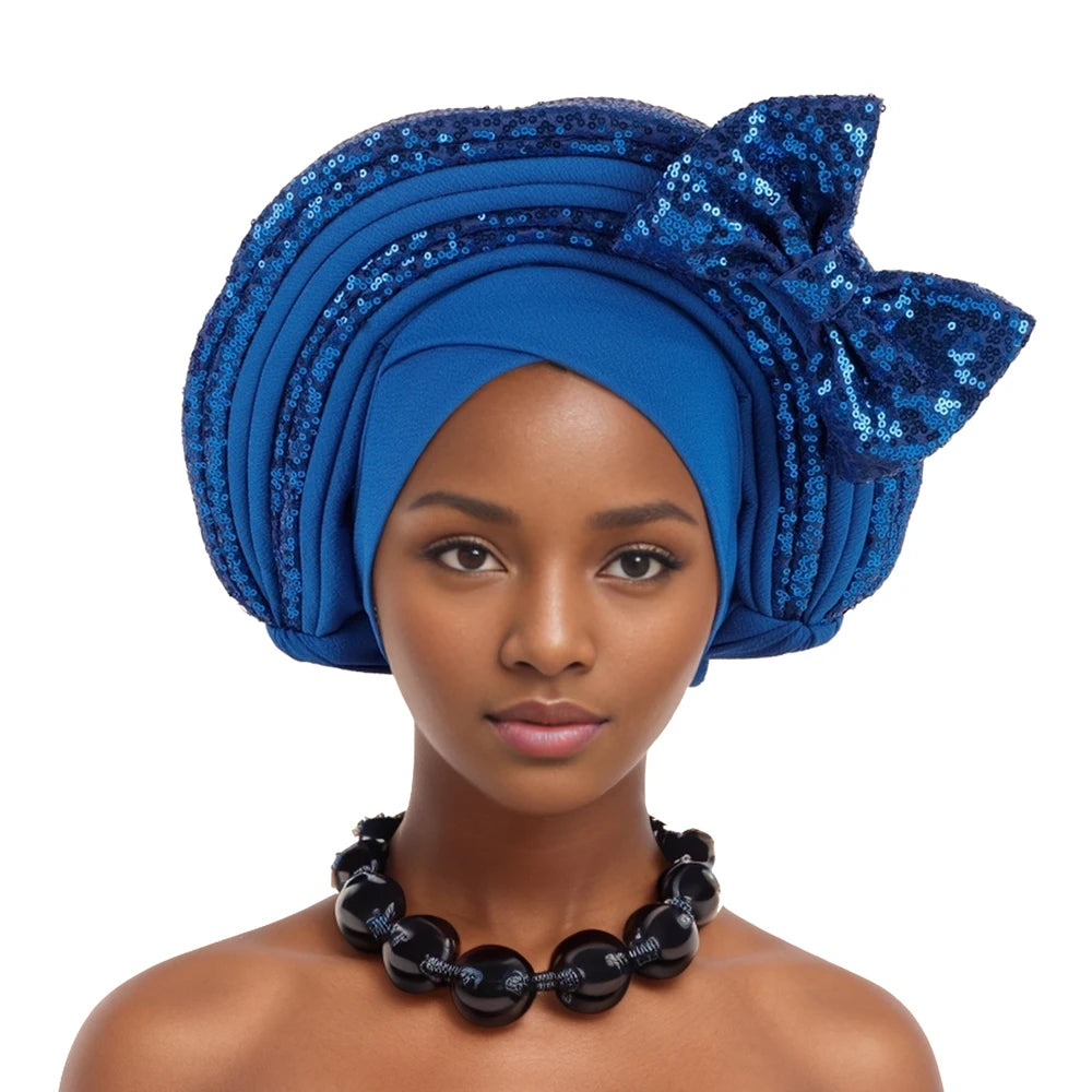 Sweet Bowknot Auto Gele Headtie for Women African Head Wraps Lady Party Headpiece Female Sequins Turban Cap