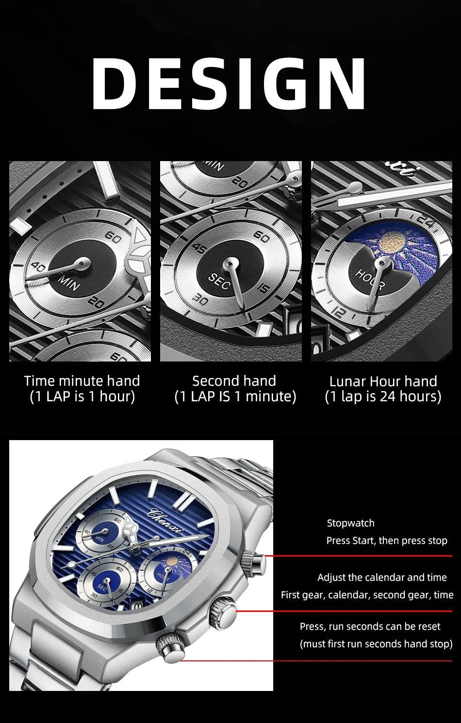 CHENXI Fashion Luxury Men's Watches Stainless Steel Quartz Movement Waterproof Calendar Moon Phase Chronograph Watch for Men