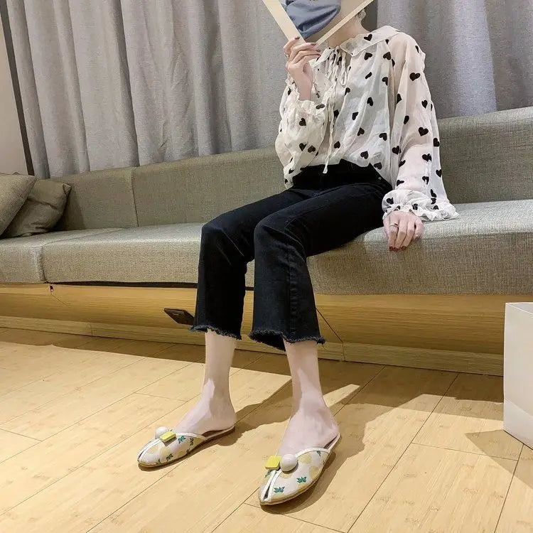 Slides Kawaii Shoes Round Toe Cute Women's Slippers and Ladies Sandals Mules Summer 2025 Flat Outside Comfortable Elegan Y 39 W