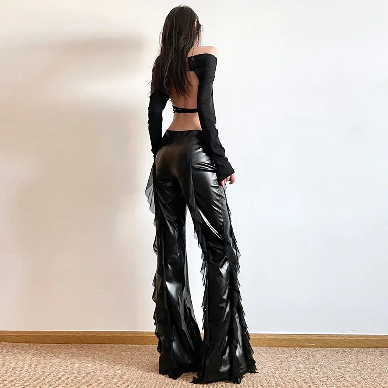 Punk Style PU Leather Pants Gothic Black Lace-paneled Trouser Sexy High-waisted Slim Flared Pants 2026 Summer Women's Clothing