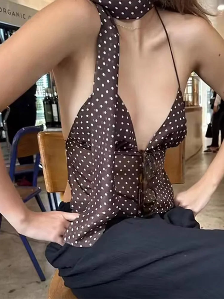 Summer Y2K Women's Polka Dot Print Sleeveless Vest Vintage Camisole with Spaghetti Strap Scarf Streetwear Top