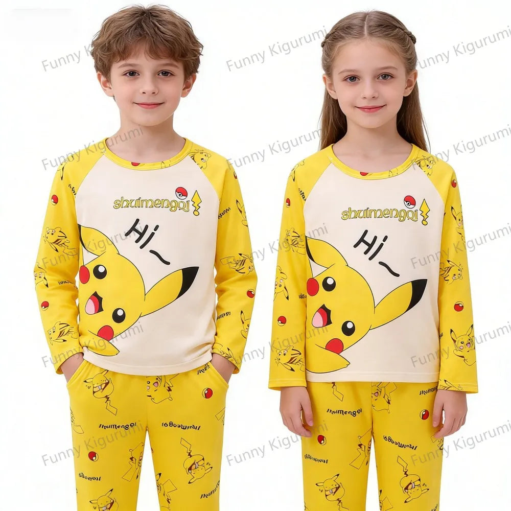 Cartoon Pijamas for Kids 3 to 5 7 9 11 13 Years Clothing Sets Boys Home Wear Girls Full Sleeve Pikachu Pajamas Teen Loungewear