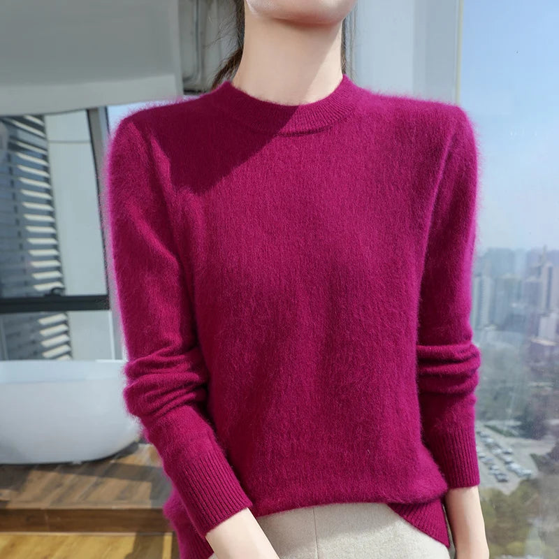 Autumn and winter women's semi high neck pullover sweater solid color knitted slim fit women's 100 mink cashmere sweater new sty