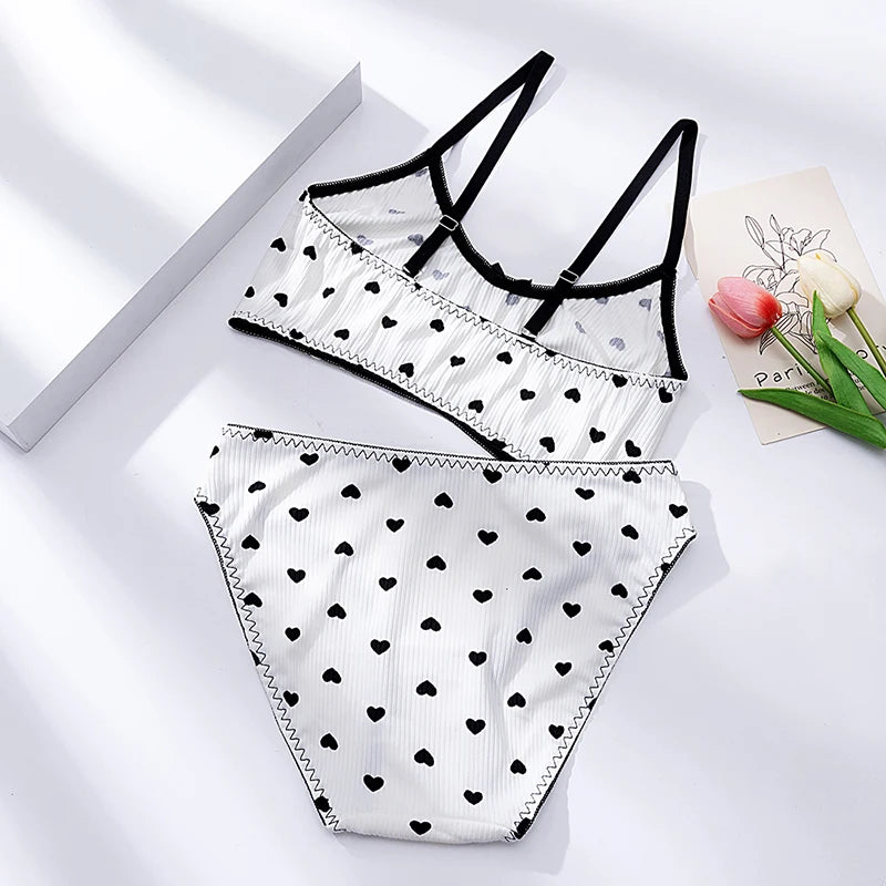 BZEL Women's Bra Sets Breathable Ultra-thin No Underwire Sexy Lingerie Heart Print Sweet Underwear Soft Cozy Female Panties Sale