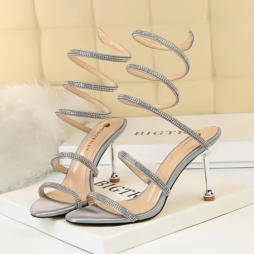 Summer Women 8.5cm High Heels Nightclub Silk Rhinestone Sandals Crystal Ankle Cross Strap Sandles Sexy Strange Gladiator Shoes