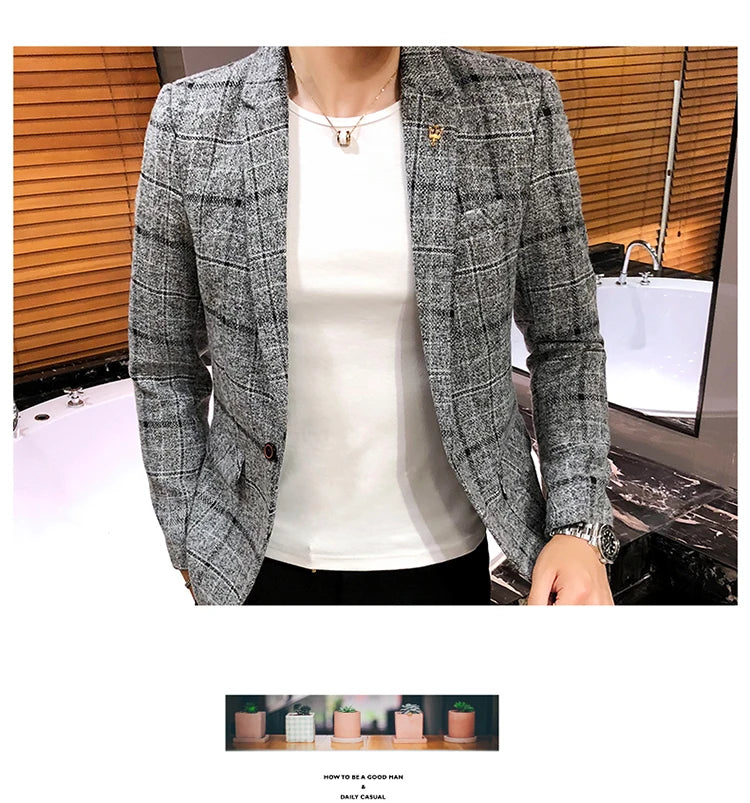 Spring and Autumn New Boutique Japanese Style Print Stand Collar Mens Casual Jacket Slim Male Coat Male Plaid Suit Jacket Blazer