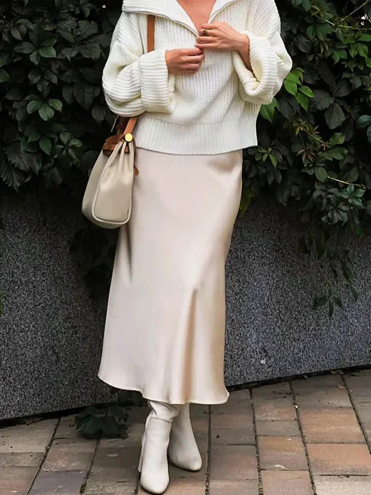 Elegant Women's Skirts High Waist Silk Satin A-line Skirt Lady Fashion Solid Color Purple Long Skirts for Women Fashion 2026
