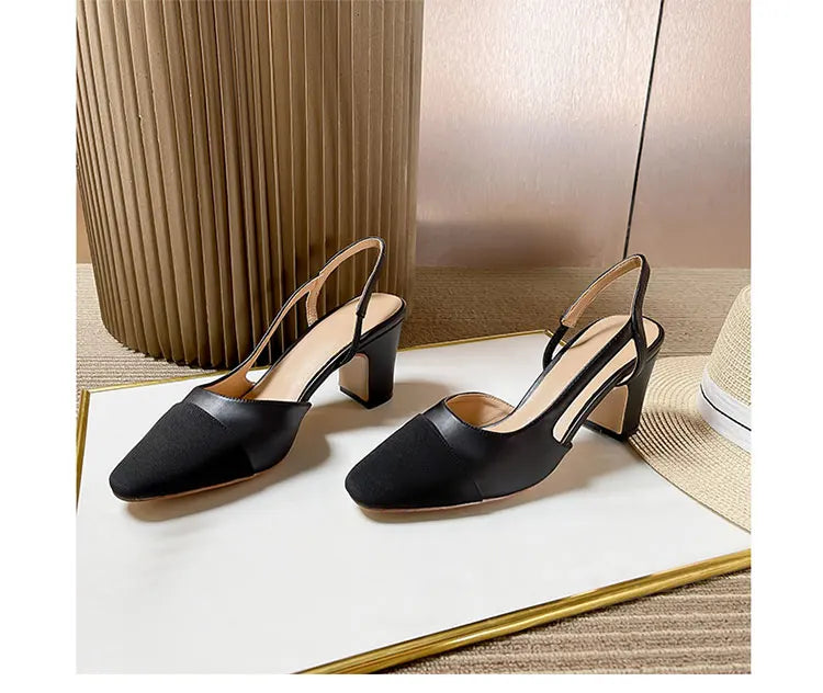 2023Spring Autumn Fashion High Heels Sandals Women's Dress Square Toe Slingback Shoes Women's Color Block Back With Flat Sandals