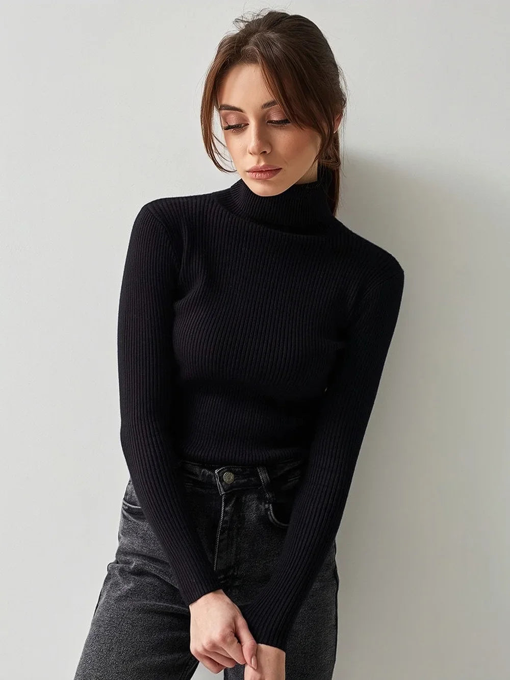 AOSSVIAO 2026 Basic Mock Neck Ribbed Sweaters for Women Cute Sexy Knitted Autumn Winter Warm Fitted Fashion Pullover Sweater
