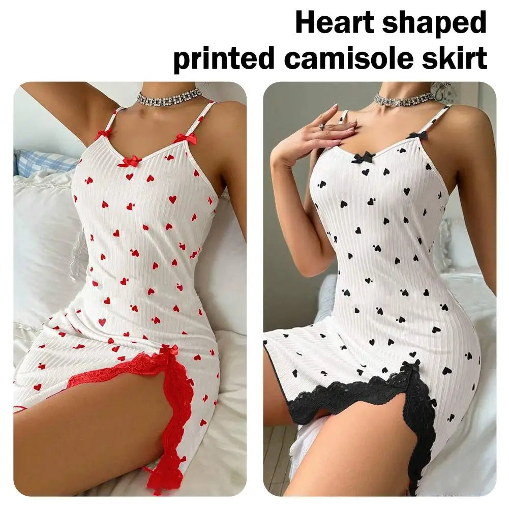 Women's Sexy Nightdress Night Gown Lace Trim Camisole Bow & Heart Print Sleeveless Sleep Dress Elegant Night Wear ﻿