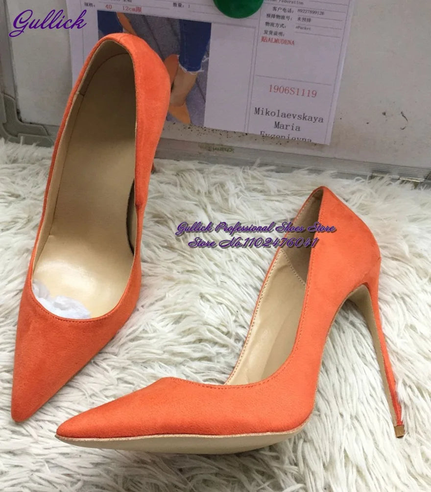 Gullick Women Hot Pink Suede High Heel Shoes 12Cm 10Cm 8Cm Stilettos Slip-On Pointed Toe Wedding Shoes Shallow Pumps Size45