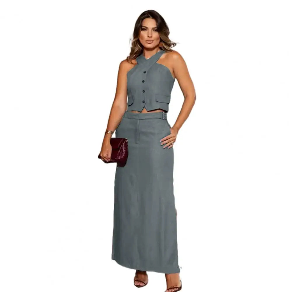 2 Pcs/Set Women Vest Skirt Set Cross Halter Neck Two Pieces Sets Suit Vest Top High Waist Side Split Maxi Skirt Set
