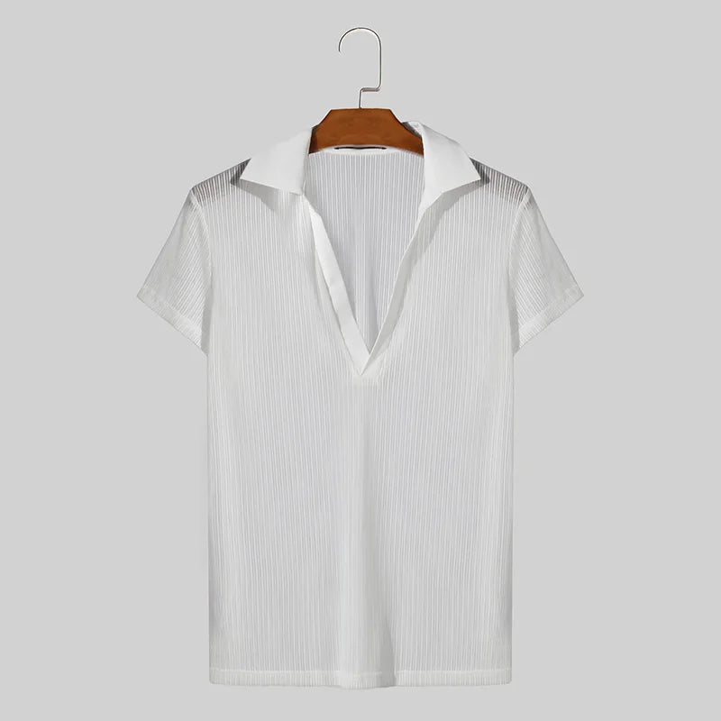 Fashion Well Fitting Tops INCERUN Men's Striped Perspective V-neck T-shirts Casual Streetwear Short Sleeved Camiseta S-5XL 2024