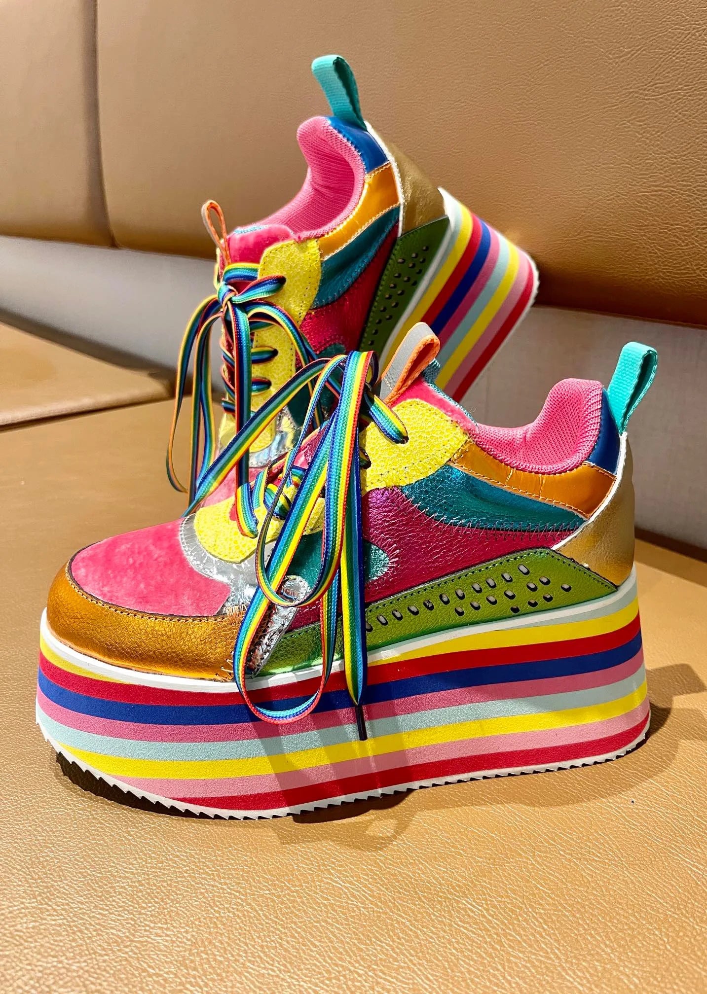 Spring Autumn Women Colourful Sneakers High Platform Shoes Heels Chunky Casual Dad Shoe Genuine Leather Thick Bottom Fashion New