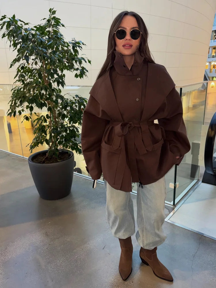 Solid Oversized Tie-waist Cropped Trench Coat Women Drop Shoulder Outerwear 2026 Lady Spring Modern Edgy Fashion Streetwear Coat