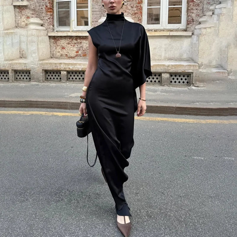 Tossy Casual Sleeveless Satin Maxi Dress Female Turtleneck Patchwork Slim Fashion Solid Commute Dress For Women Long Dress 2025