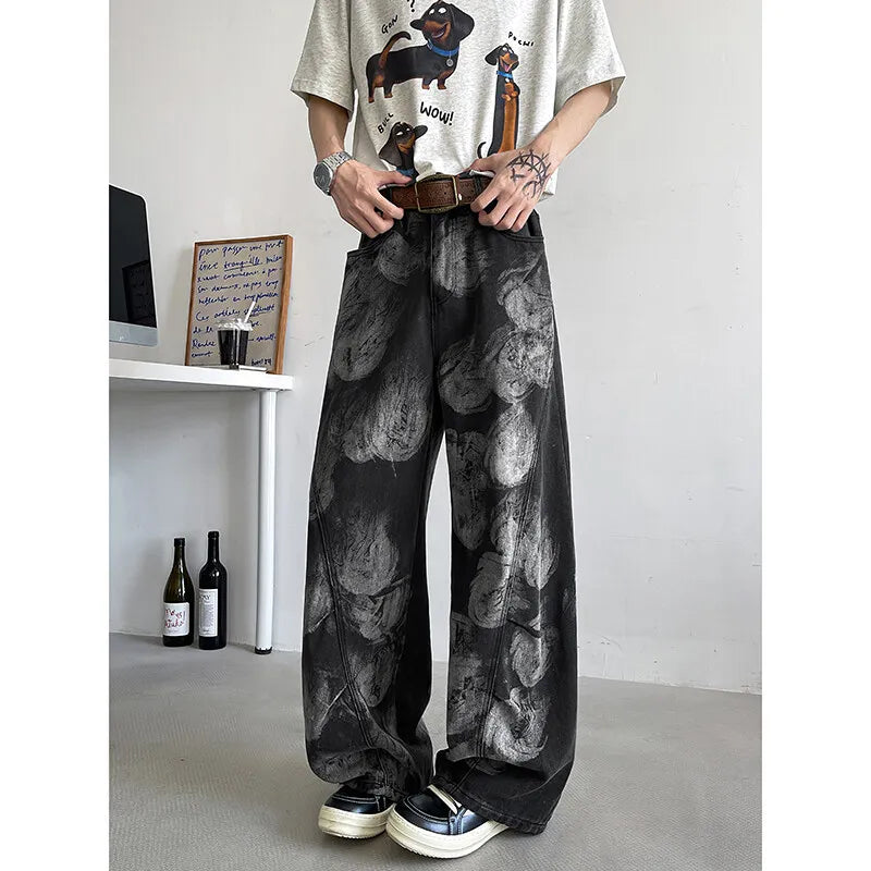 Straight Loose Fit Printed Streetwear Jeans Unisex Urban Fashion Trendy Casual Denim Pants mens Hip Hop Oversized Comfort 2023