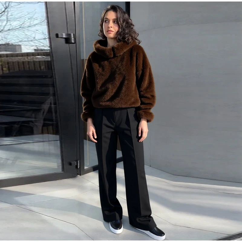 Luxury Faux Fur Hooded Pullovers Women's Loose Full Sleeve Stand Collar Pocket Coats 2025 New Autumn Winter Ladies Solid Outwear
