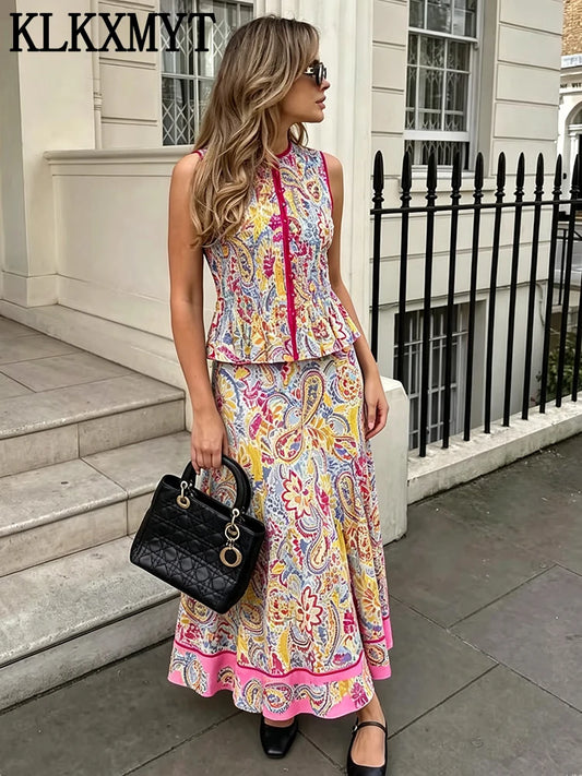 KLKXMYT Elegant Chic Print Women Sets Short Tops High Waist Midi Skirts Fashion 2026 Summer Street Holiday Style Women Suits