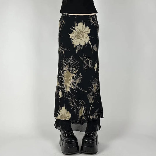 Retro Tie-Dye Floral Print Mesh Half Skirt Low Waist Slim Fit Long Vintage Feel Cross Border European And American Style
