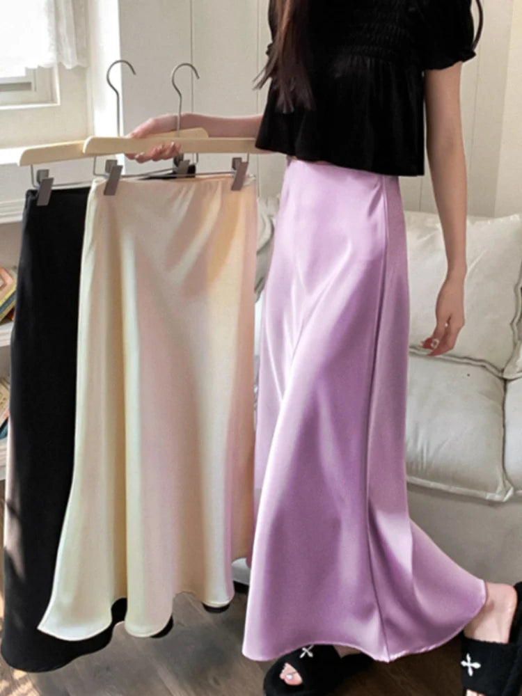 Elegant Women's Skirts High Waist Silk Satin A-line Skirt Lady Fashion Solid Color Purple Long Skirts for Women Fashion 2026