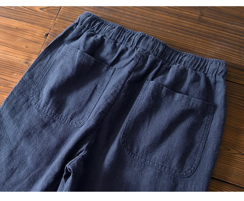 70% Linen,30% Cotton Men's Drawstring Elastic Waist Casual Pants, Straight Loose Ramie Trousers, Camping Fishing Comfortable