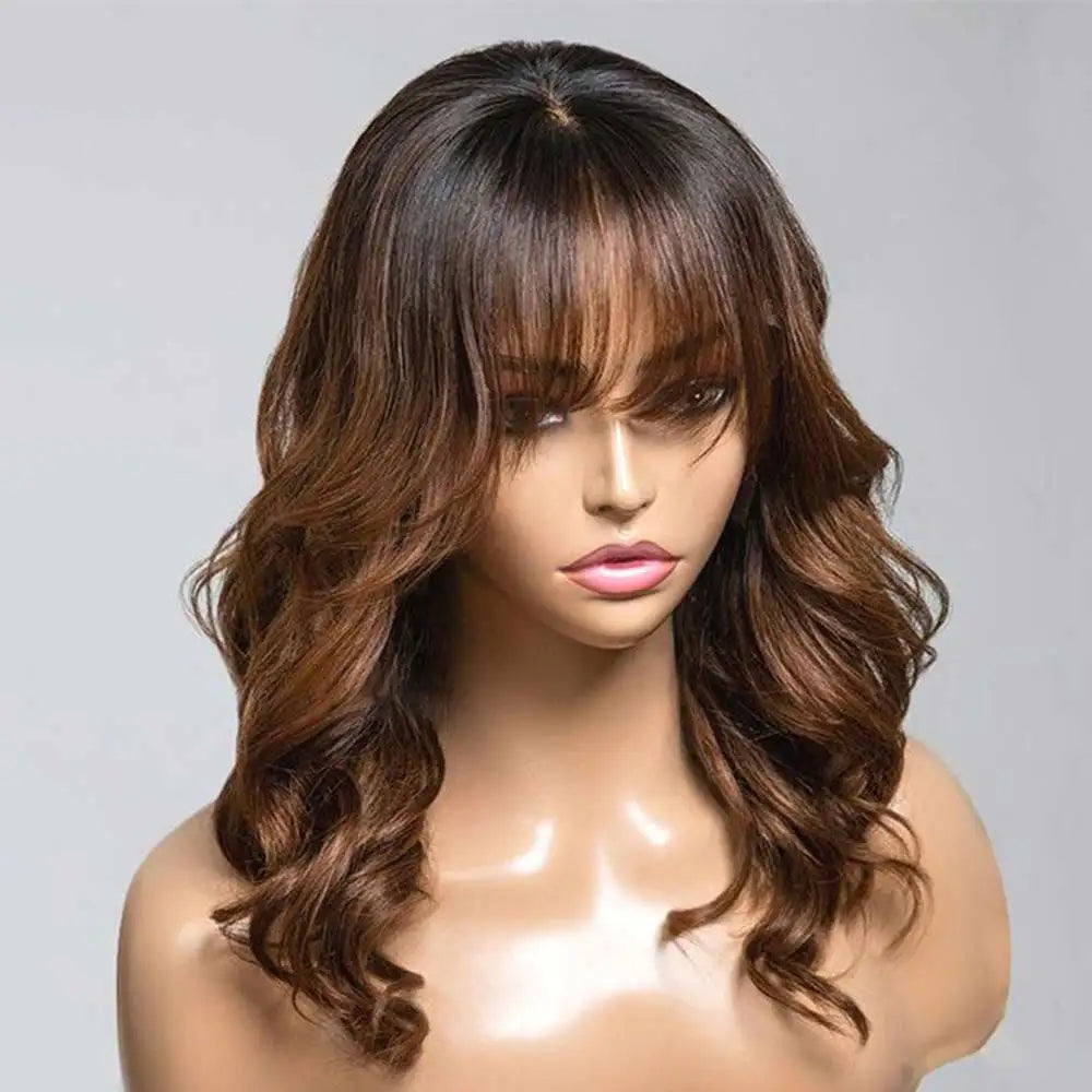 HD Lace Pretty Ombre Brown Body Wave Wig With Bangs 7x5 HD Lace Glueless Wig Cheap Human Hair 4x4 5x5 Invisi HD Glueless Wigs