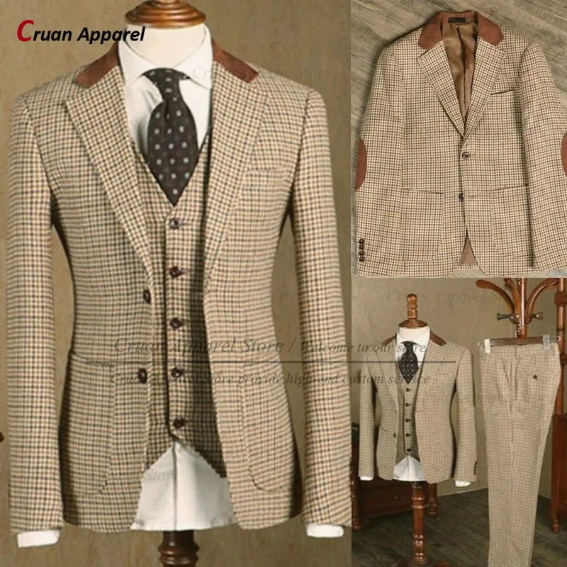 Classic Brown Suit Sets For Men Fashion Checkered Blazer Vest Pants 3 Pieces Formal Party Tailor-made Elegant Slim Fit Costumes