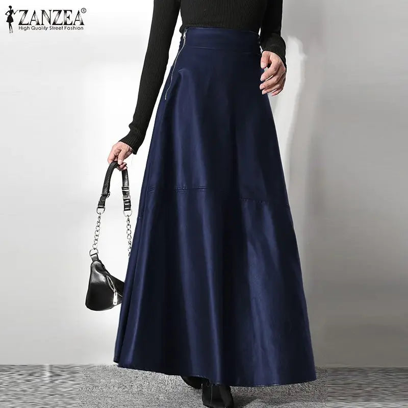 ZANZEA Women's PU Leather Maxi Skirt 2025 Autumn Elegant OL Long Saias Fashion Solid Mujer Faldas Casual High Waist Zipper Jupe