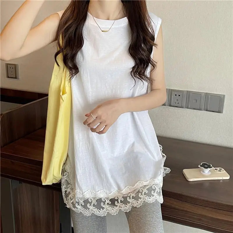 White Tanks Women Solid Lace Sleeveless Loose Tops Leisure Daily Korean Fashion Ins Harajuku Summer Simple 3XL Trendy Basics