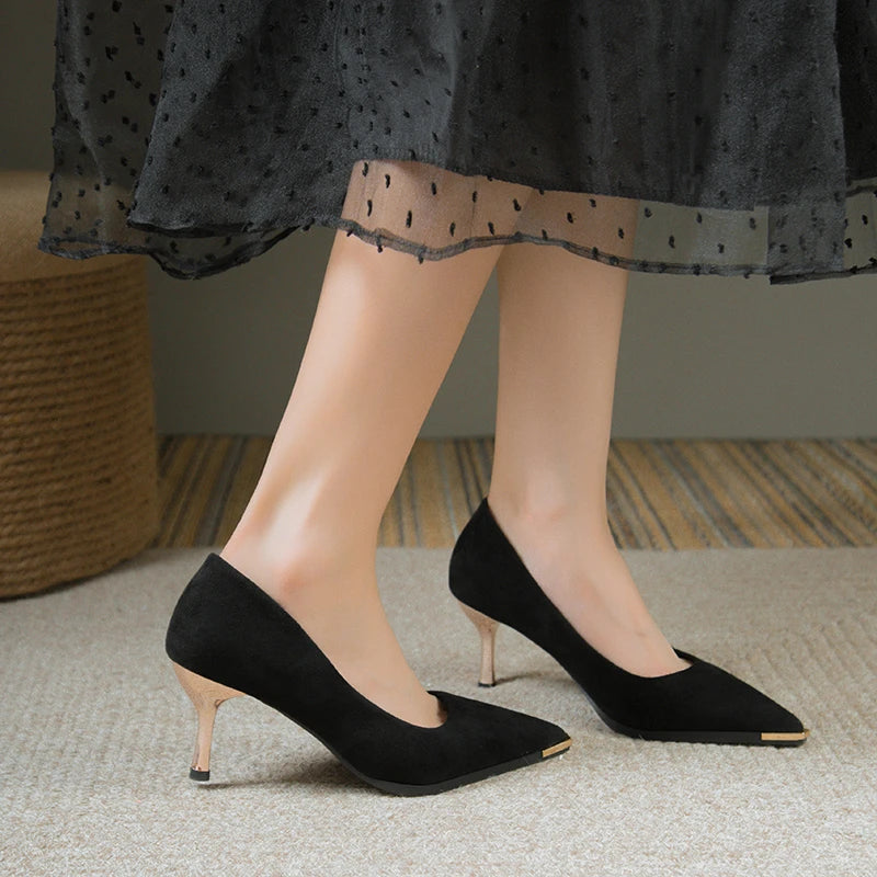 NEW Women's Style Banquet Fashion Light Luxury 6 8cm High Heels Pumps Stiletto Metal Pointed Suede Single Fashion Casual comfort