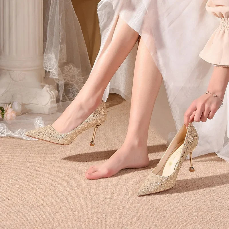 2025 New Women Pumps High Heel Metal Pointed Toe Shallow Sexy Ladies Bling Bridal Wedding Women Shoes White High Heels