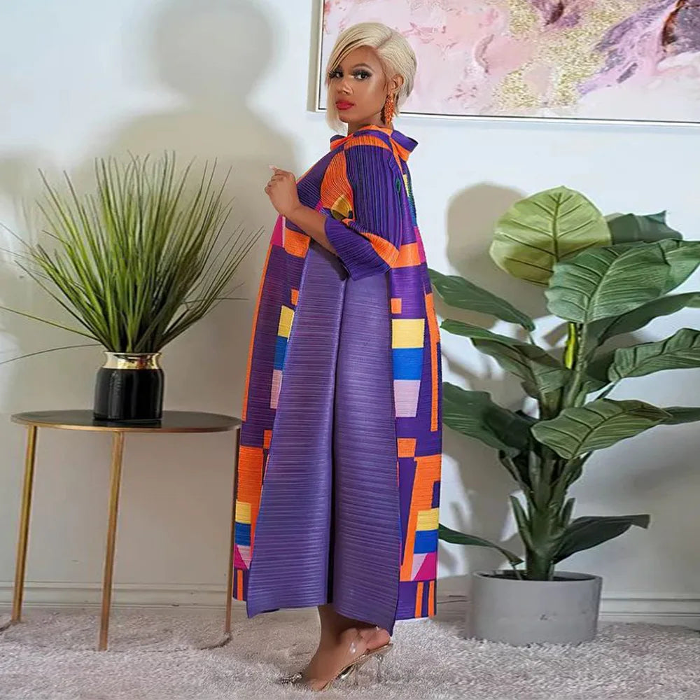 African Dresses for Women Summer Fashion Style African 3/4 Sleeve Polyester O-neck Pleated Dress Dashiki African Clothes Women
