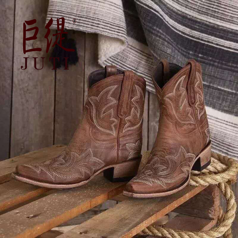 Casual Autumn Winter Western Cowboy Ankle Boots Women Snake Leather Cowgirl Booties Short Cossacks botas High Heels Shoes