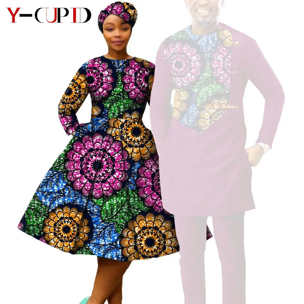 African Print Dresses for Women with Headwrap Matching Couple Outfits Dashiki Men Long Sleeve Pathwork Top and Pant Sets Y23C004
