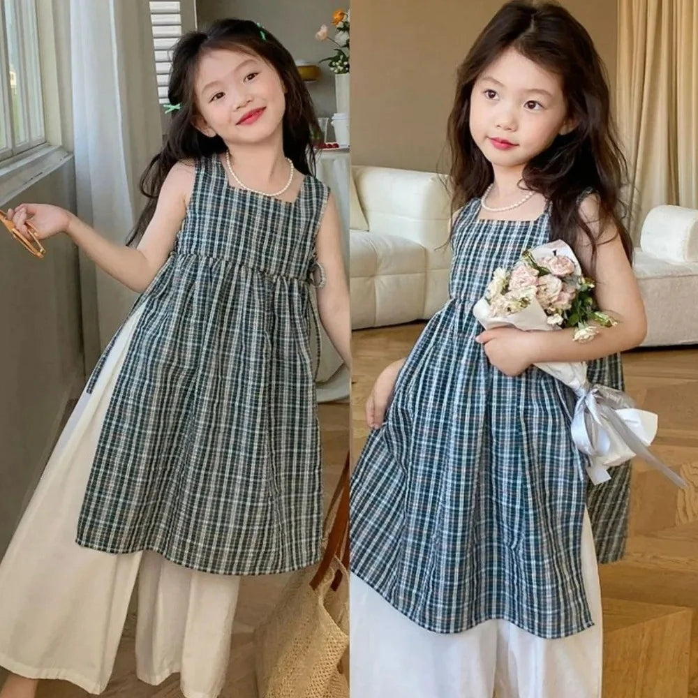 Kids Summer Fashion Sleeveless Square Neck Plaid Smock + Loose Pant 2 Pcs Set 3-7 Years Girls Daily Casual Clothes