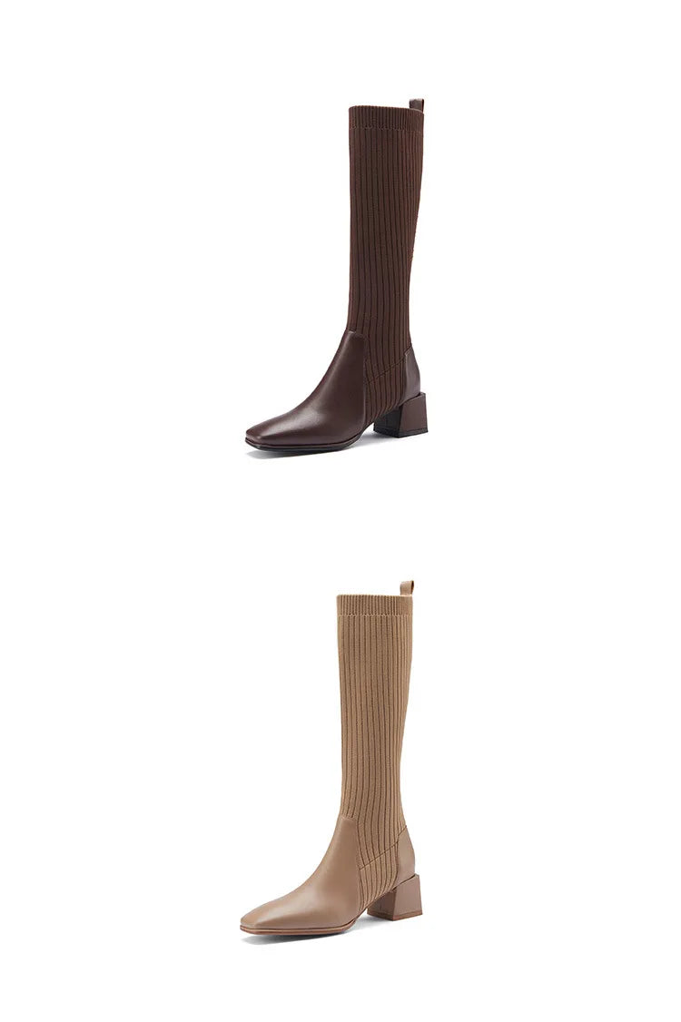 Women Knee-High Sock Boots 2022 New Fashion Knitting Stretch Cloth PU Stitching Long Boots Female Square Toe High Heels