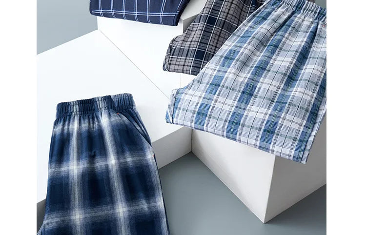 Spring Summer High Quality Pants Men 100% Cotton Sleep Bottoms Male Plus Size Night Trousers Men Casual Loose Plaid Home Pants