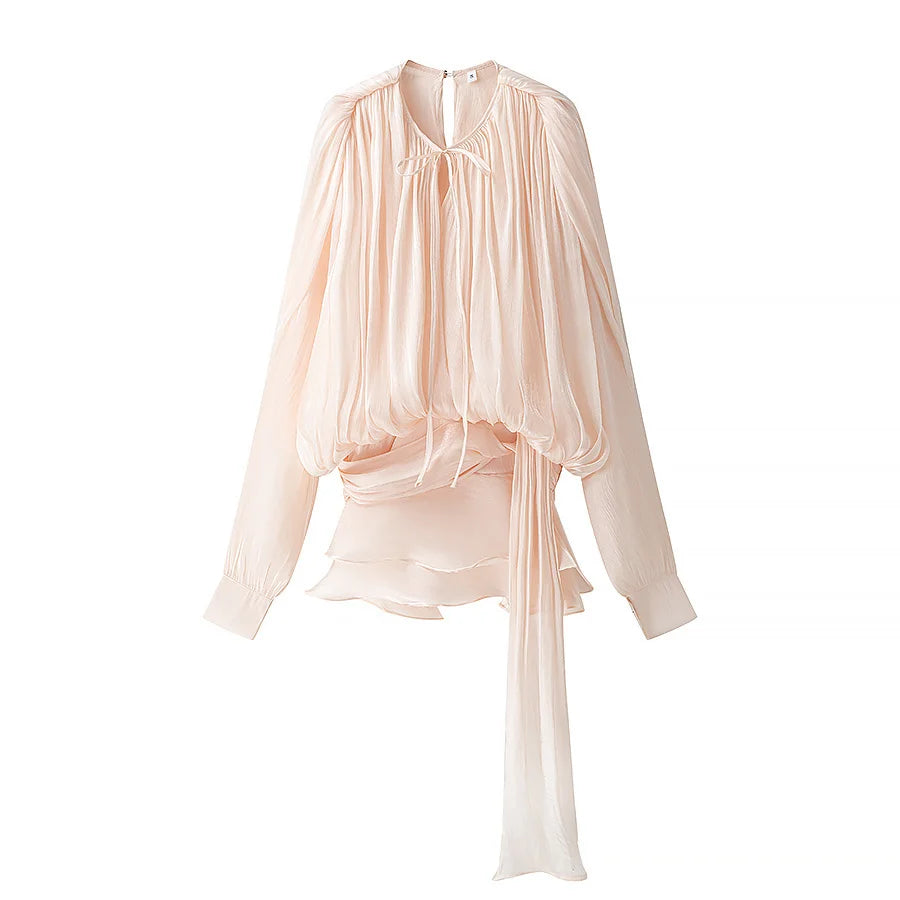 Dress Set Sweet Women Top Elegant Lantern Yarn Dress Women Spring New Short Waist Cinched Irregular Ruffle Edge Tie 9D6O