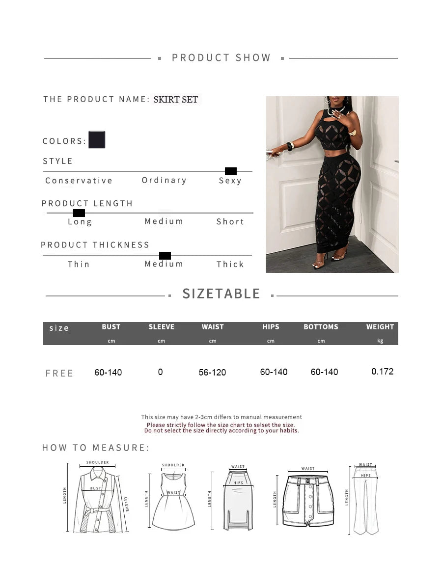 FHSEER Plus Size 2 Piece Women Sexy Mesh Crop Tank High Waist Bodycon Mini Skirt