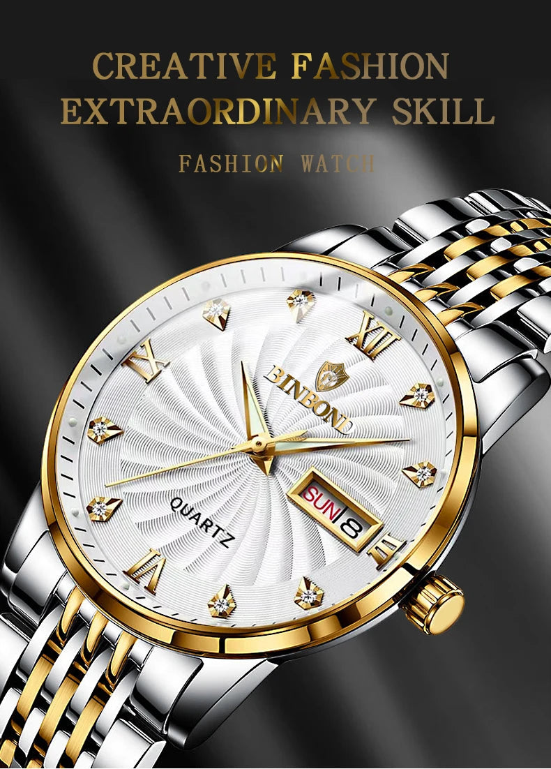 BINBOND Quartz Watches for Men Luxury Luminous Waterproof Precise Auto Date Week Display Men's Watch Casual Sturdy Reloj