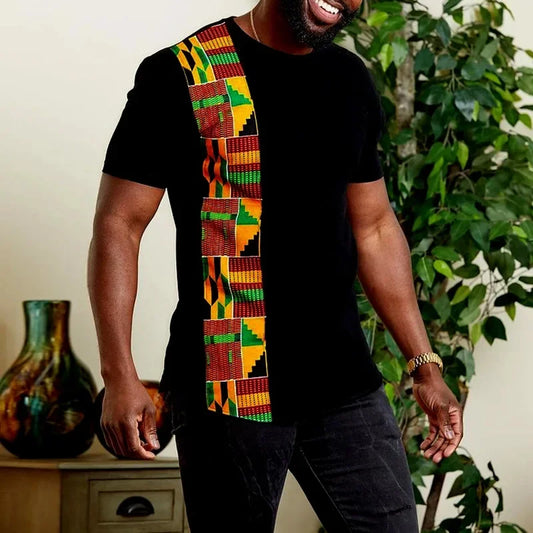 Men's African Kente Pattern T-Shirt Black Slim Fit Ethnic Casual Short Sleeve Fashion Top