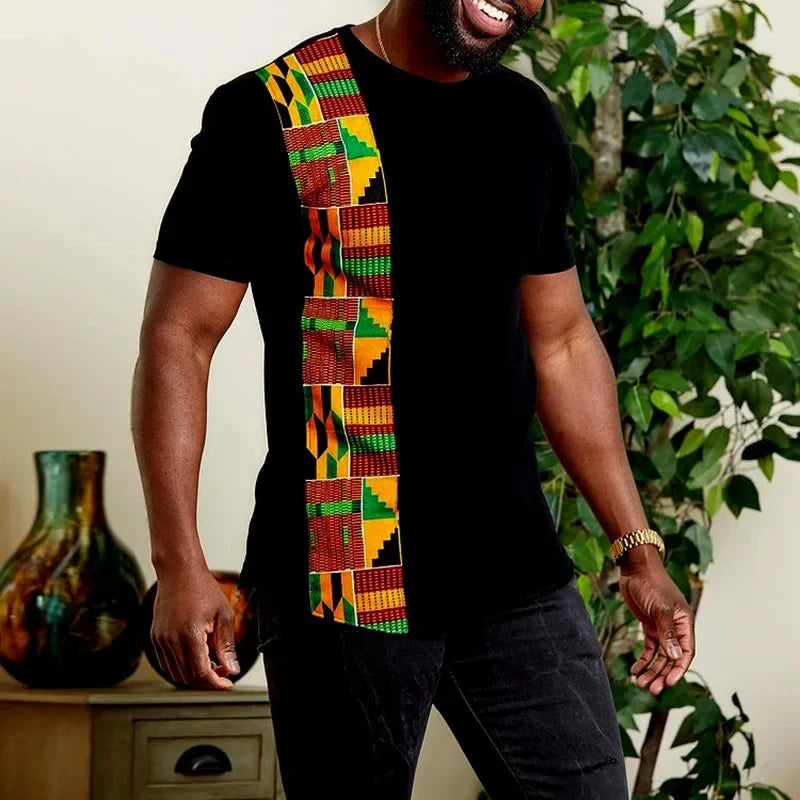 Men's African Kente Pattern T-Shirt Black Slim Fit Ethnic Casual Short Sleeve Fashion Top