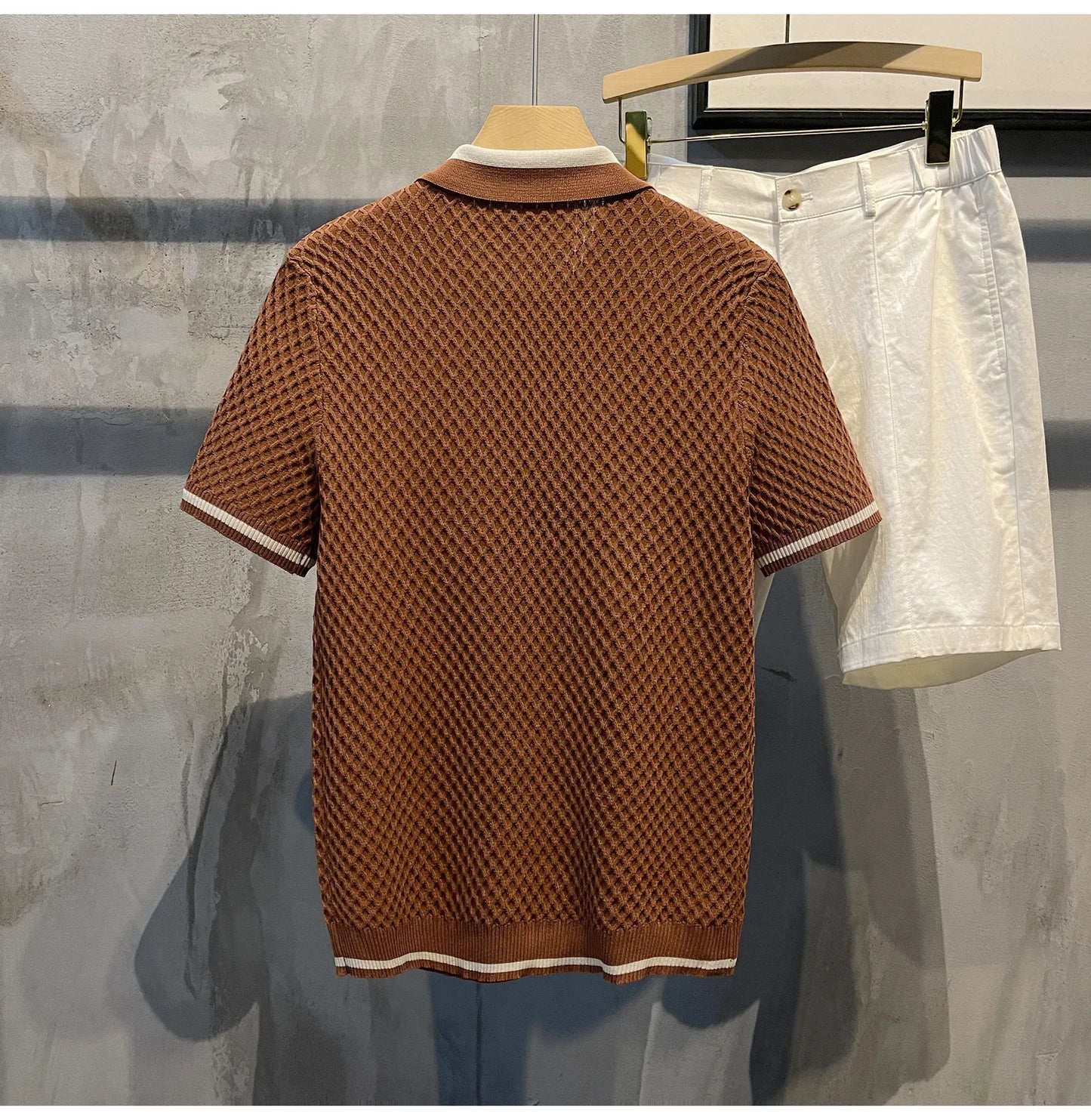 2026 Men's Casual V-Neck Knitted Jacquard Polo Shirt Solid Color Short Sleeve Solid Color Shirt Breathable Luxury Clothing B24