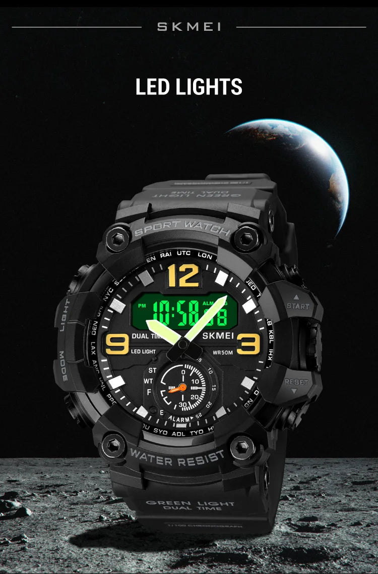 Skmei Men's Military Sport's Wristwatch Fashion Big Size Dial Quartz Analog Three Time Zone Male Led Waterproof Stop Watches
