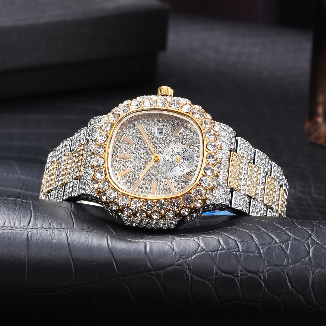 MISSFOX Iced Out Watch For Men Luxury Fashion Gold Quartz Watches Hip Hop High Quality Waterproof  Male Daimond Clock New Gift